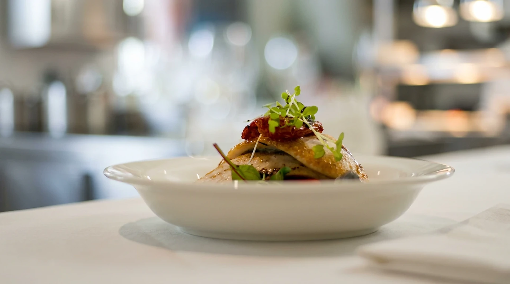 A plated course finished with micro herbs in a pale ceramic bowl at a private dinner in the Algarve